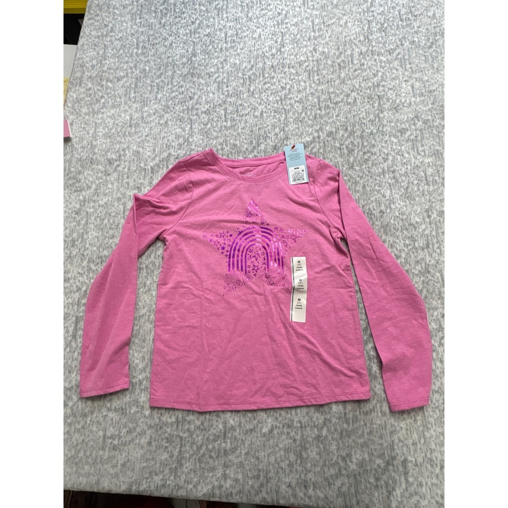 Cat & Jack Girls Magenta Pink Star Rainbow Foil Long‎ Sleeve Tee Shirt Size M 8